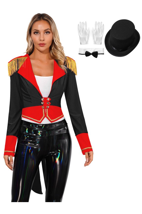 Womens Ringmaster Costume Halloween Cosplay Circus Show Lion Tamer Magician Jacket Tailcoat Black C S