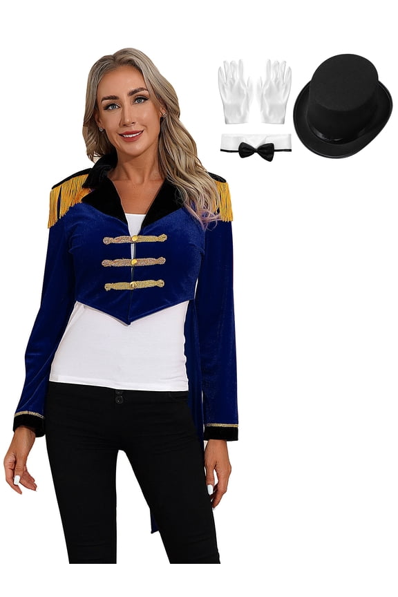 Womens Ringmaster Costume Halloween Cosplay Circus Show Lion Tamer Magician Jacket Tailcoat Navy Blue B S