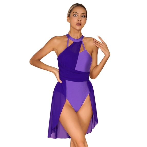 YiZYiF Womens Ruched Lyrical Dance Leotard Dress Costume Dancewear Halter Gymnastics Leotard Dark Purple S