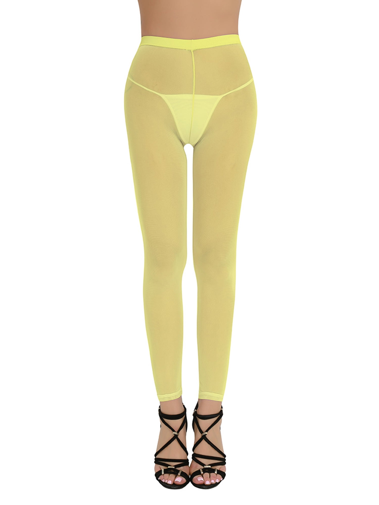 YIWEI Womens Silky See Through Leggings High Elastic Sheer Ultra-Thin  Skinny Trousers Yellow L 