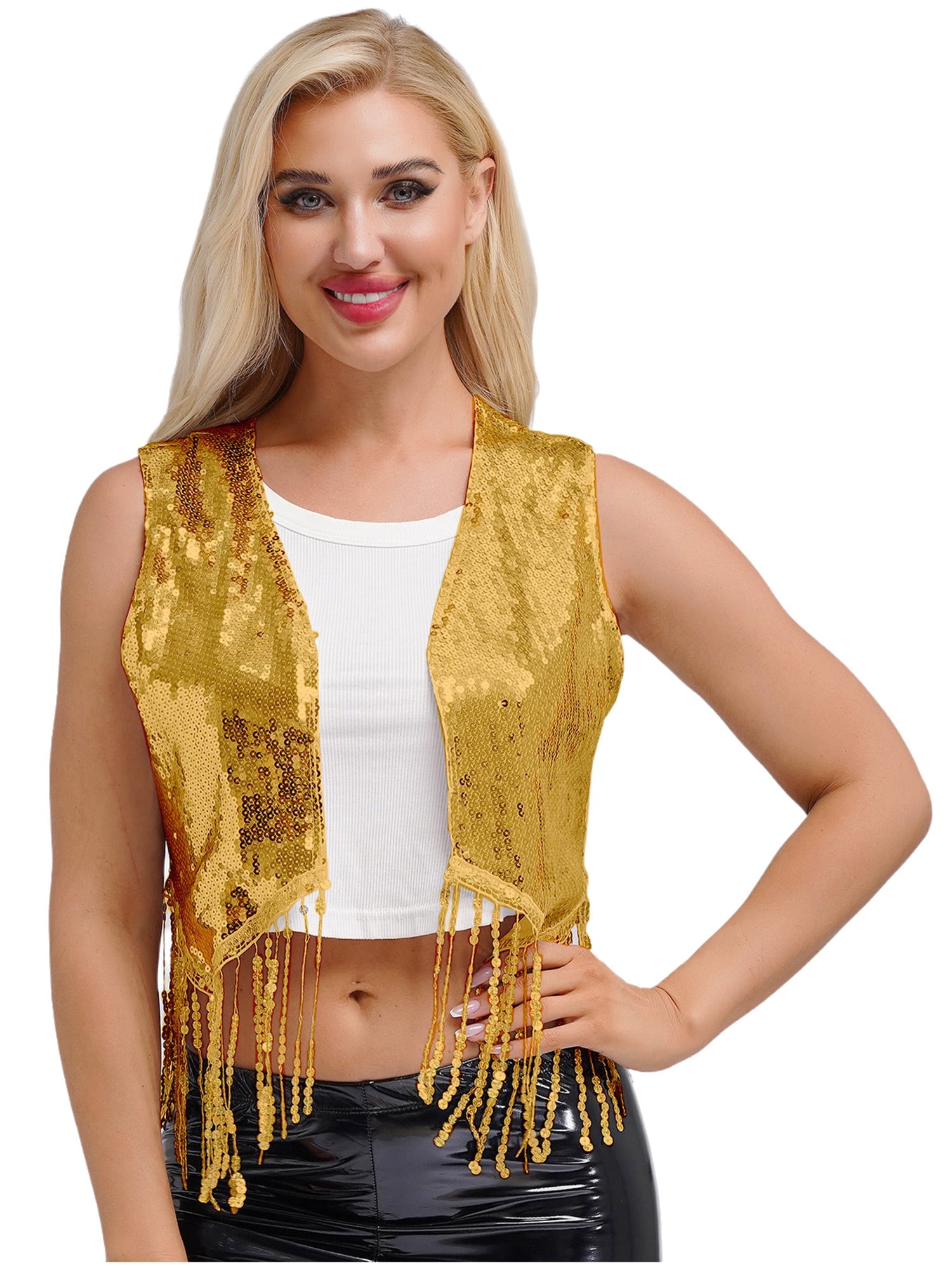 YiZYiF Womens Sequin Tassel Vest Tops 70s Disco Dance