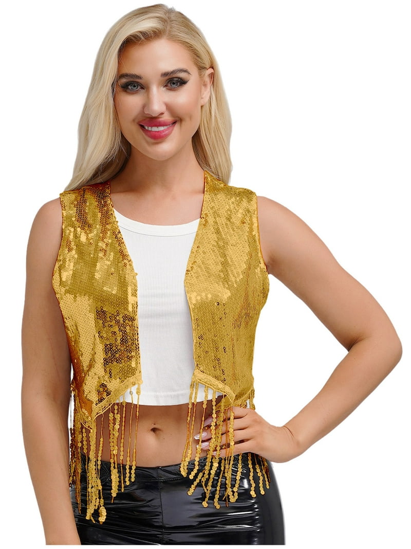 トップス philme ribbon vest YiZYiF Womens Sequin Tassel Vest Tops 70s Disco Dance Costume