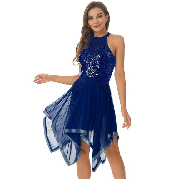 YiZYiF Womens Sequins Asymmetrical Hem Lyrical Dance Dress Glitters Halter Backless Performance Costume