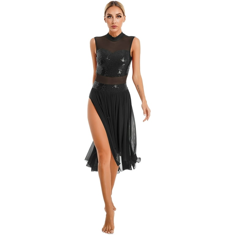YiZYiF Womens Sequins Asymmetrical Hem Lyrical Dance Dress Glitters Halter Backless Performance Costume