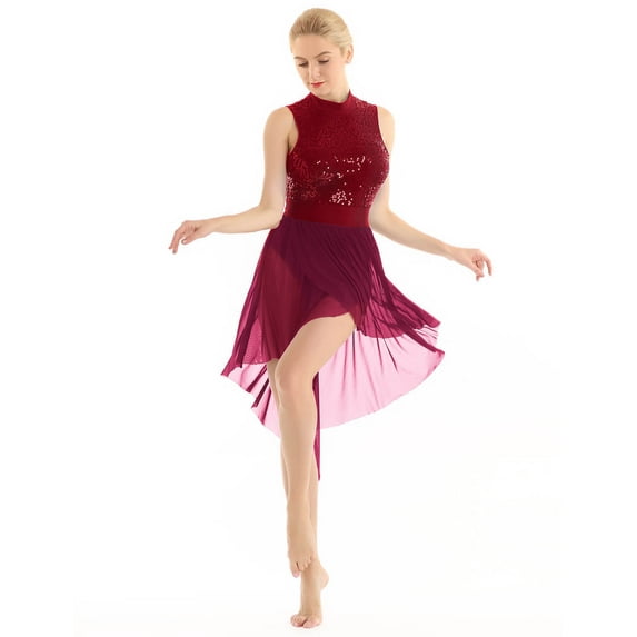 YiZYiF Womens Sequins Dance Leotard Dress Lyrical Modern High-Low Skirted Leotard Ballroom Dance Costume Wine_Red Small