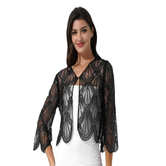 YiZYiF Womens Sequins Lace Hollow Cardigan Wedding Party Bolero Shrug