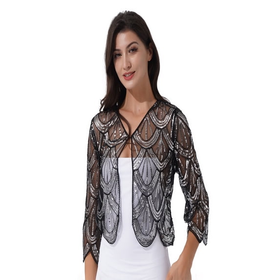 YiZYiF Womens Sequins Lace Hollow Cardigan Wedding Party Bolero Shrug