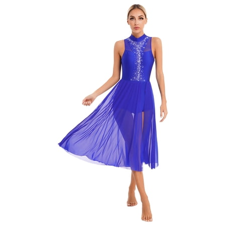 YiZYiF Womens Sheer Mesh Lyrical Modern Dance Costume Side Split Shiny Sequins Dress Dancewear