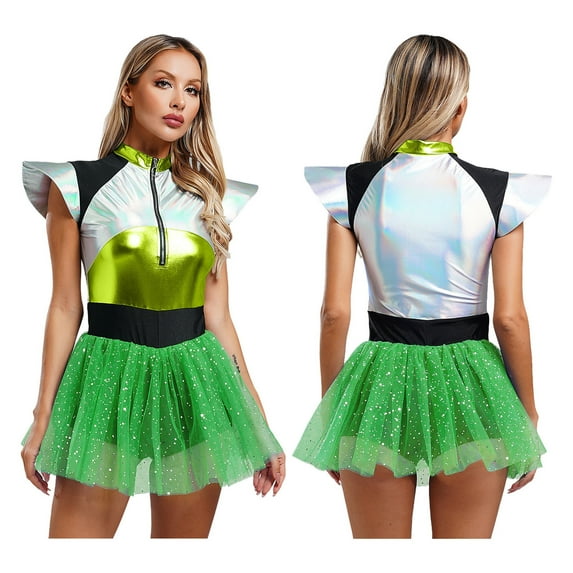 YiZYiF Womens Shiny Alien Costume for Halloween Space Cadet Astronaut Fly Sleeve Skater Dress Green M