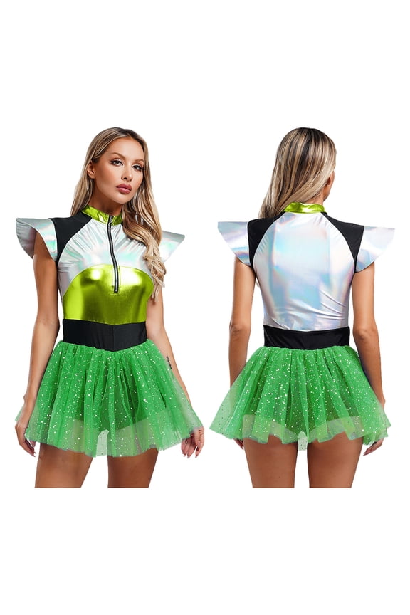 Womens Shiny Alien Costume for Halloween Space Cadet Astronaut Fly Sleeve Skater Dress Green S