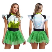 YiZYiF Womens Shiny Alien Costume for Halloween Space Cadet Astronaut Fly Sleeve Skater Dress Green S