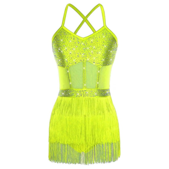YiZYiF Womens Shiny Jazz Latin Dance Leotard Tassel Bodysuit Stage Shows Dancing Party Dress Fluorescent Yellow M