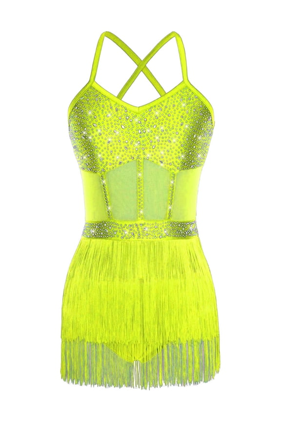 Womens Shiny Jazz Latin Dance Leotard Tassel Bodysuit Stage Shows Dancing Party Dress Fluorescent Yellow S