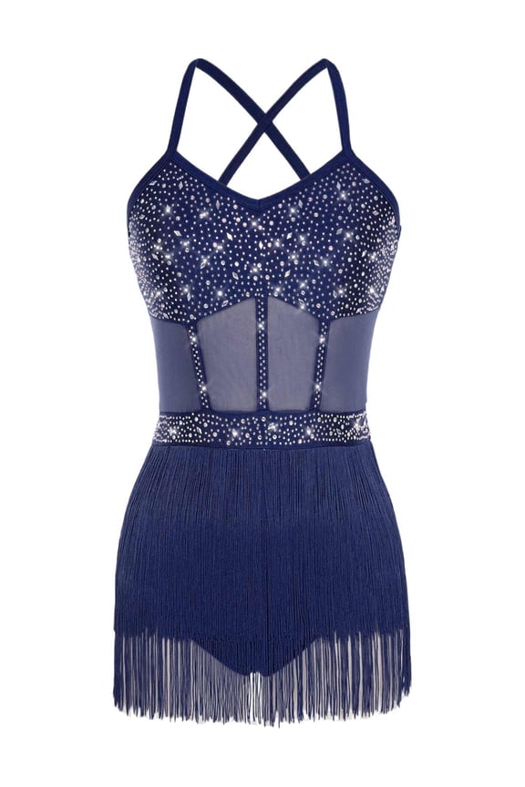 Womens Shiny Jazz Latin Dance Leotard Tassel Bodysuit Stage Shows Dancing Party Dress Navy Blue XXL
