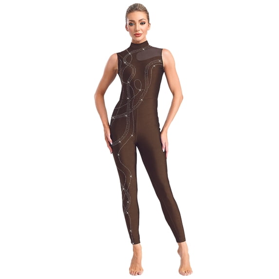 YiZYiF Womens Shiny Rhinestone Gymnastics Unitard Sleeveless Mesh Splice Figure Skating Dance Jumpsuit Brown L