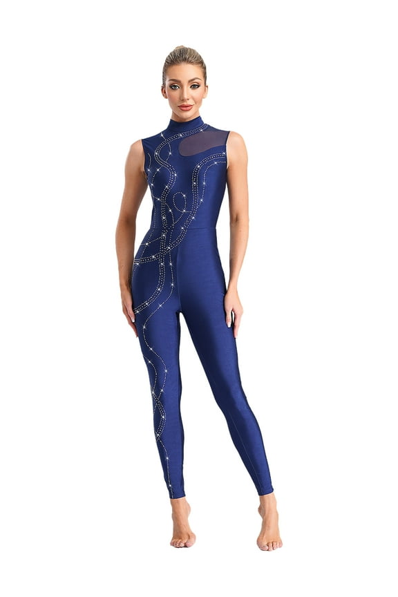 Womens Shiny Rhinestone Gymnastics Unitard Sleeveless Mesh Splice Figure Skating Dance Jumpsuit Navy Blue S