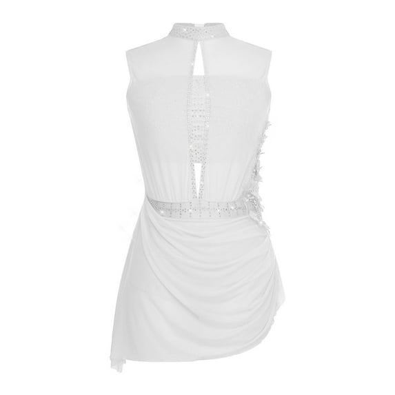 YiZYiF Womens Shiny Rhinestone Sleeveless Mesh Dance Dress Lyrical Dancewear Figure Skating Costume Ivory XXL