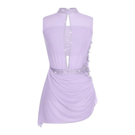 YiZYiF Womens Shiny Rhinestone Sleeveless Mesh Dance Dress Lyrical Dancewear Figure Skating Costume Light Purple L