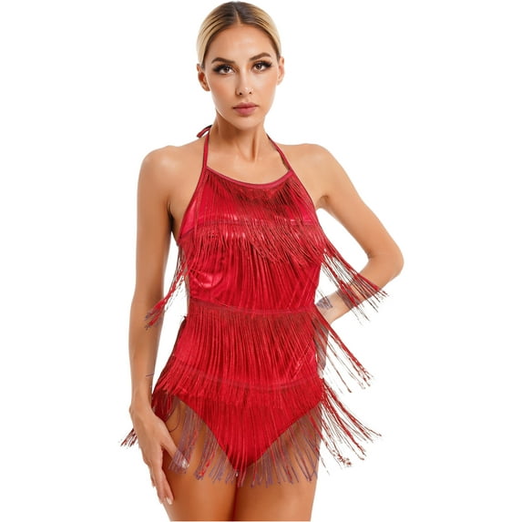 YiZYiF Womens Shiny Sequins Dance Leotard Backless Tassels Latin Jazz Dance Costume