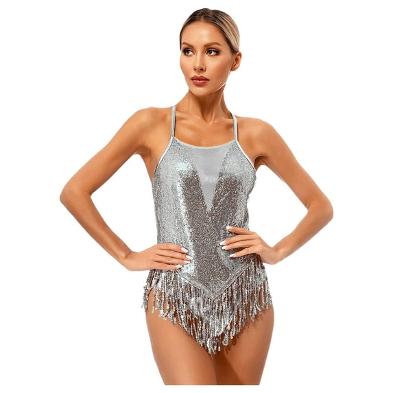 YiZYiF Womens Shiny Sequins Dance Leotard Backless Tassels Latin Jazz Dance Costume