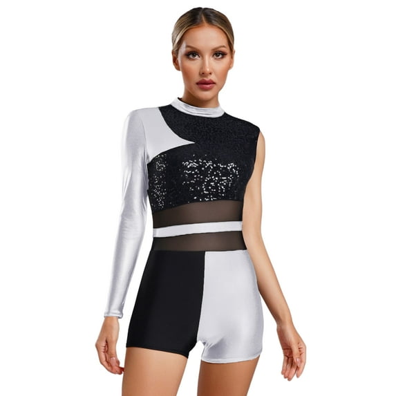 YiZYiF Womens Shiny Sequins Metallic Gymnastics Dance Leotard One Shoulder Jumpsuit Shorts Bodysuit Silver XL