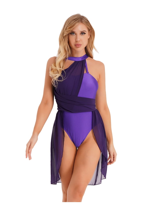 Womens Single Shoulder Strap Dance Leotard Dress Mesh Split Lyrical Dancewear