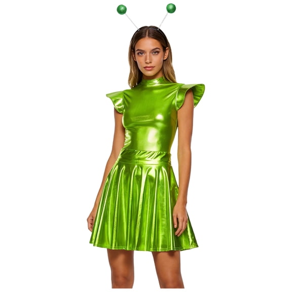 YiZYiF Womens Space Alien Cosplay Costume Metallic Shiny Bodysuit with Skirt Hair Hoop Party Outfits Fluorescent Green L