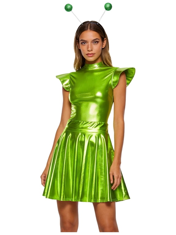 Womens Space Alien Cosplay Costume Metallic Shiny Bodysuit with Skirt Hair Hoop Party Outfits Fluorescent Green M