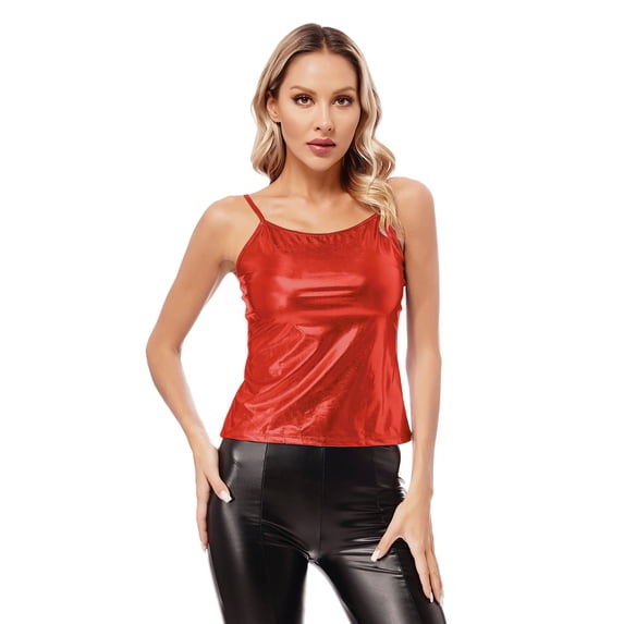 YiZYiF Womens Spaghetti Straps Camisole Shiny Metallic Camis for Dance Competition Performance A Red One Size