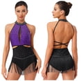 thumbnail image 1 of YiZYiF Womens Sparkle Latin Dance Leotard Tassel Skirt Halter Backless Bodysuit Cha Cha Rumba Shows Purple S, 1 of 6