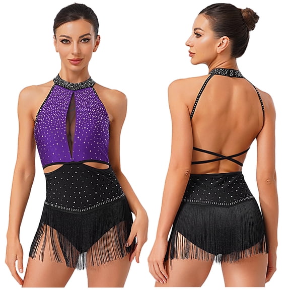 YiZYiF Womens Sparkle Latin Dance Leotard Tassel Skirt Halter Backless Bodysuit Cha Cha Rumba Shows Purple XXL