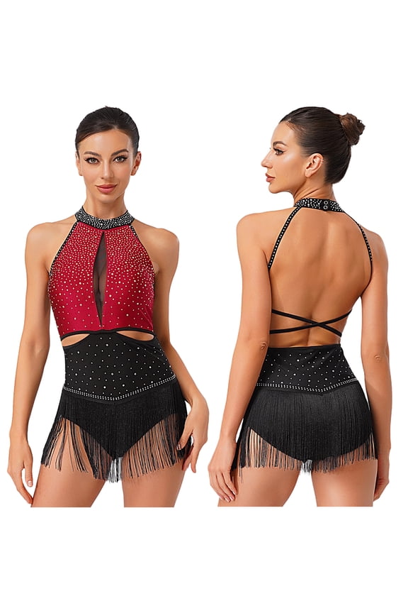 Womens Sparkle Latin Dance Leotard Tassel Skirt Halter Backless Bodysuit Cha Cha Rumba Shows Red XXL