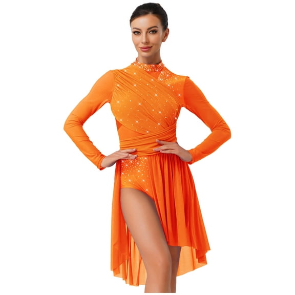 YiZYiF Womens Sparkly Lyrical Dance Costume Long Sleeve Ruched Backless Figure Skating Dress Leotard Orange XL