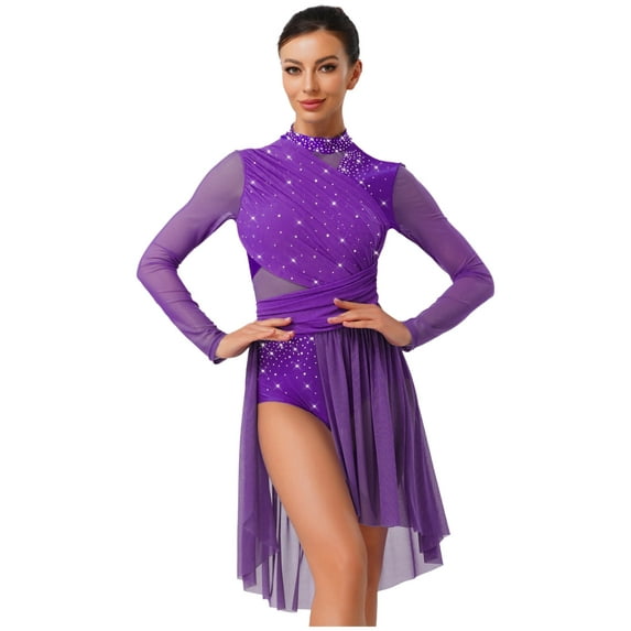 YiZYiF Womens Sparkly Lyrical Dance Costume Long Sleeve Ruched Backless Figure Skating Dress Leotard Purple M