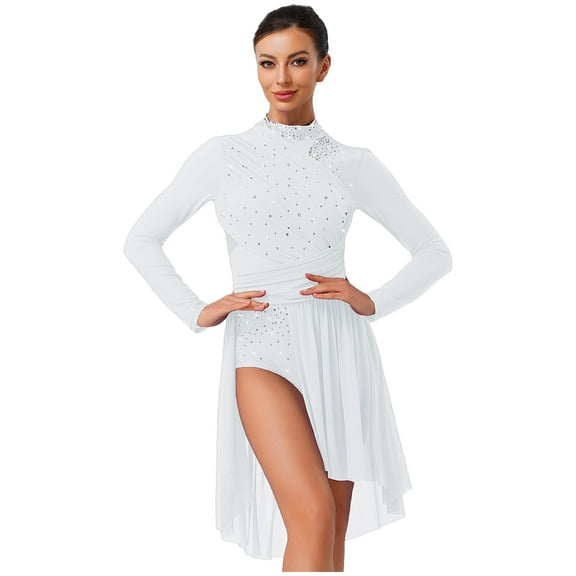 YiZYiF Womens Sparkly Lyrical Dance Costume Long Sleeve Ruched Backless Figure Skating Dress Leotard White M
