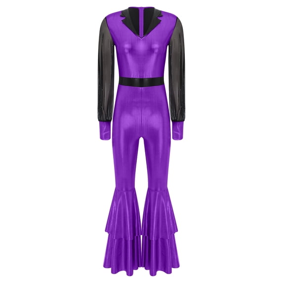 YiZYiF Womens Vintage 70s Disco Jumpsuit Metallic Shiny Tiered Bell Bottoms Hippie Romper Costume Purple M