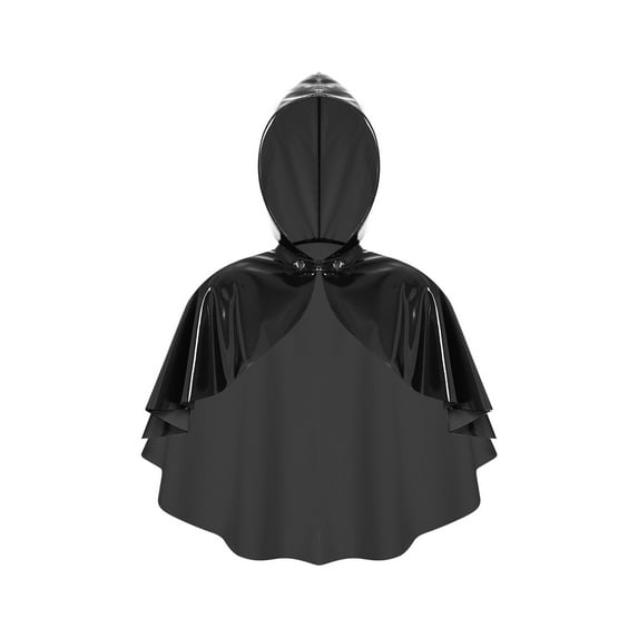 YiZYiF Womens Wet Look Patent Leather Hooded Cloak Front Pressing Button Closure Cosplay Cape Bolero Black One Size