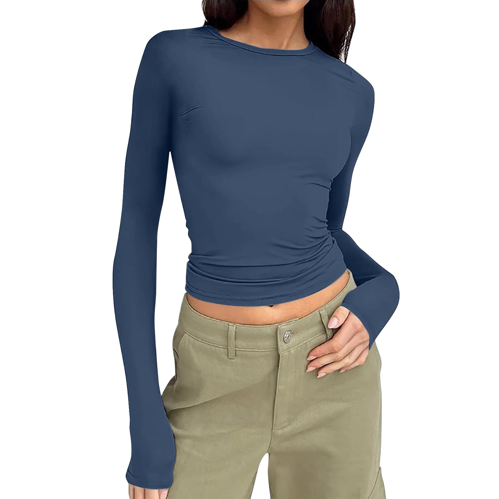 Yiacnk Women's Tops TShirt Long Sleeve Round Neck Crop Top Tee Shirt