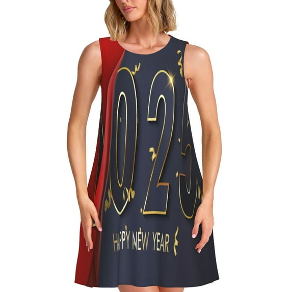 Yiaed 2025 New Year 2 Print Women's Sleeveless Dress, Loose Fit Summer Dress, Casual Sleeveless Dress for Women