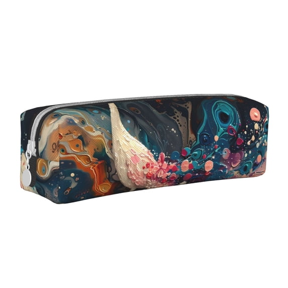 Yiaed Abstract Peacock Painting Print Leather Pencil Case - Leather Pen Pencil Holder - Elegant & Practical Pencil Pouch for Work & Office