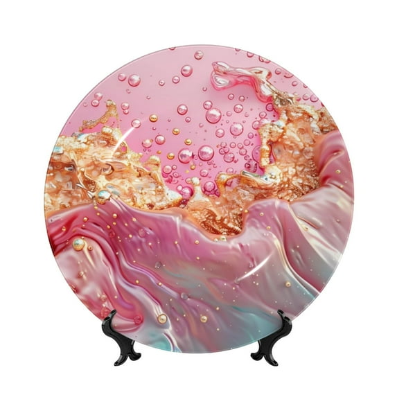Yiaed Abstract Pink Gold Splash Print Bone China Decorative Plate Ceramic Dinner Plates Art Crafts with Display Stand-10in
