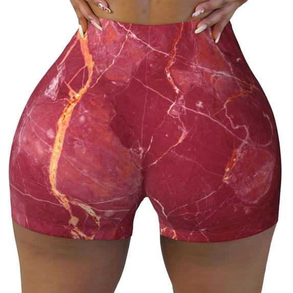 Yiaed Abstract Red Marble Print Women's Athletic Shorts Running Shorts Sporty Short High Waisted Elastic Workout Shorts for Yoga Gym Running & Sports -X-Large