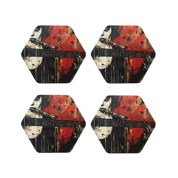 Yiaed Abstract Skull Guitar Art Print Leather Coasters for Drinks - Cup Coasters Coffee Table Kitchen Table Bar, Home & Office Gifts Handmade Drink Coasters-Hexagon