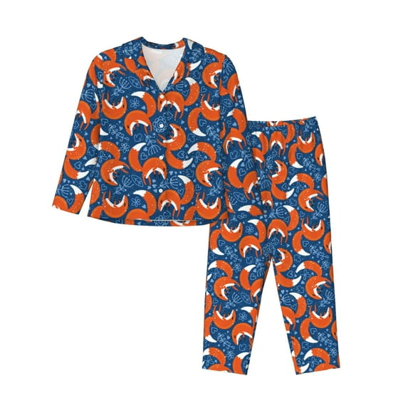 Yiaed Abstract Vintage Fox and Plants Print Pajamas Women's Long Sleeve Sleepwear Soft Button Down Loungewear Pjs Lounge Set Nightwear Womens Pajama Pants-Large