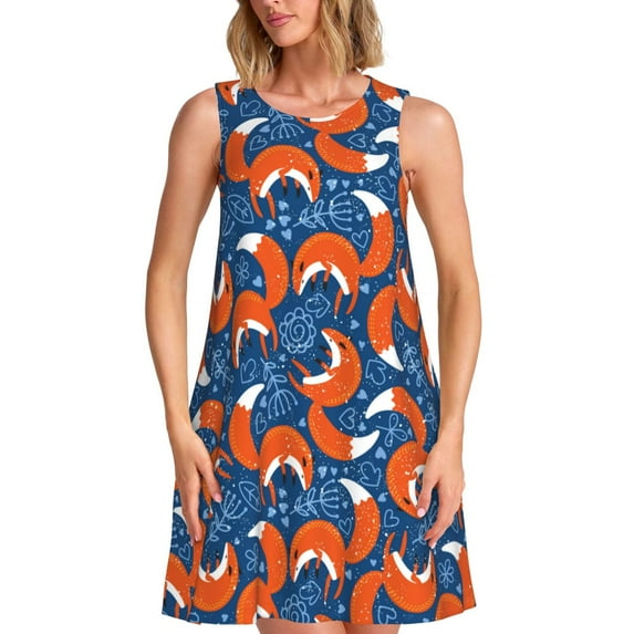 Yiaed Abstract Vintage Fox and Plants Print Women's Sleeveless Dress, Loose Fit Summer Dress, Casual Sleeveless Dress for Women