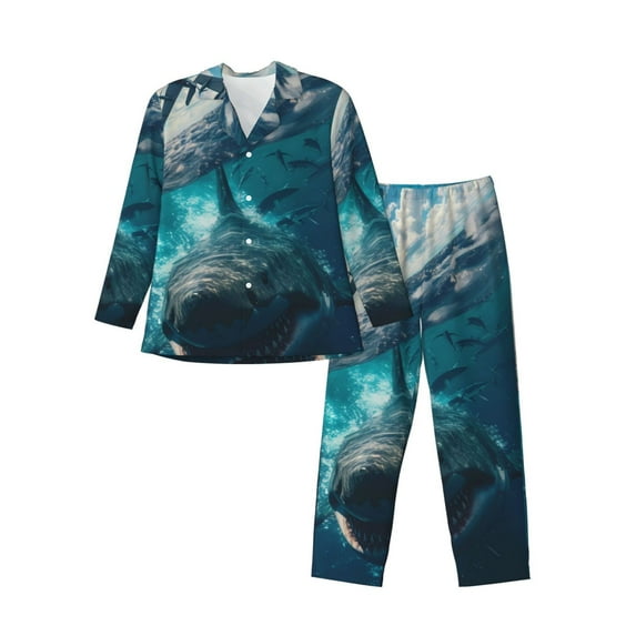 Yiaed Airplane Shark Print Men’s Pajamas Set - Long Sleeve Button Down Sleep Shirt and Pajama Bottoms Sleepwear Set Mens Pjs Sets Men's Pajama Bottoms-X-Large