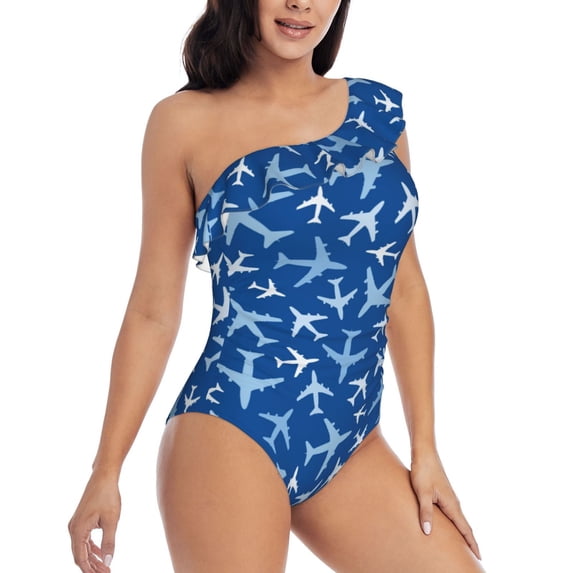 Yiaed Airplanes in the Sky Print Women One Piece Swimsuits Tummy Control One Shoulder Bathing Suits Pattern Ruffle Swimwear-X-Large