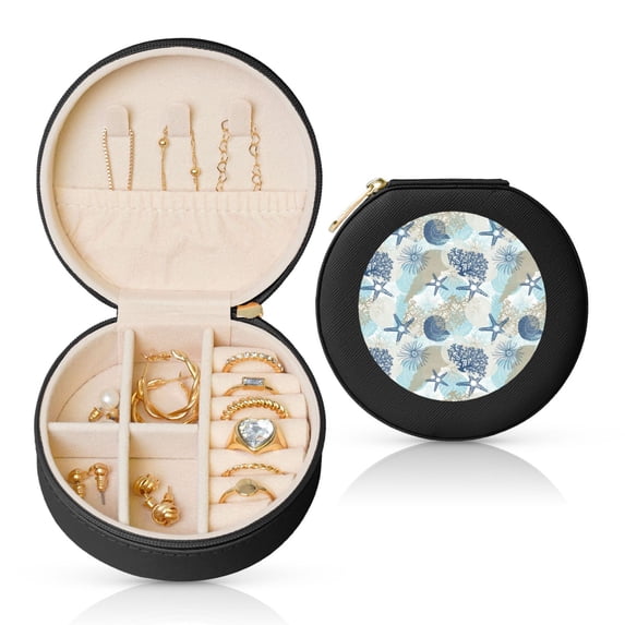 Yiaed Algae Corals and Seashells Print Travel Jewelry Case Bridesmaid Gift Boxes Jewelry Travel Organizer Small Round Jewelry Box Mini Storage-Black