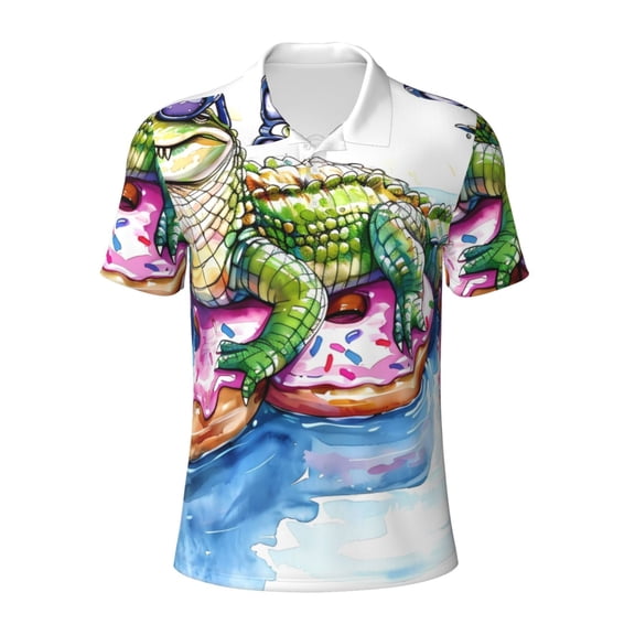 Yiaed Alligator Donut Pool FloatPrint Men's Short Sleeve Polo Shirt,Golf Polo for Men Three-Button Golf Shirt Athletic Casual Collared T-Shirt- Small
