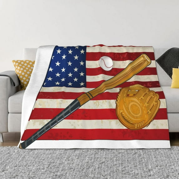 Yiaed American Flag And Baseball Print Blanket Throw Blanket Soft Cozy Flannel Blanket for Home Bed Sofa Couch Chair-80"x60"